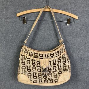 Etienne Aigner Monogram Shoulder Bag Brown Tan Silver Buckle Purse
